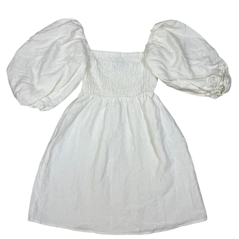 Tuckernuck Womens Size M Annie Smocked Balloon Sleeve White Dress Linen